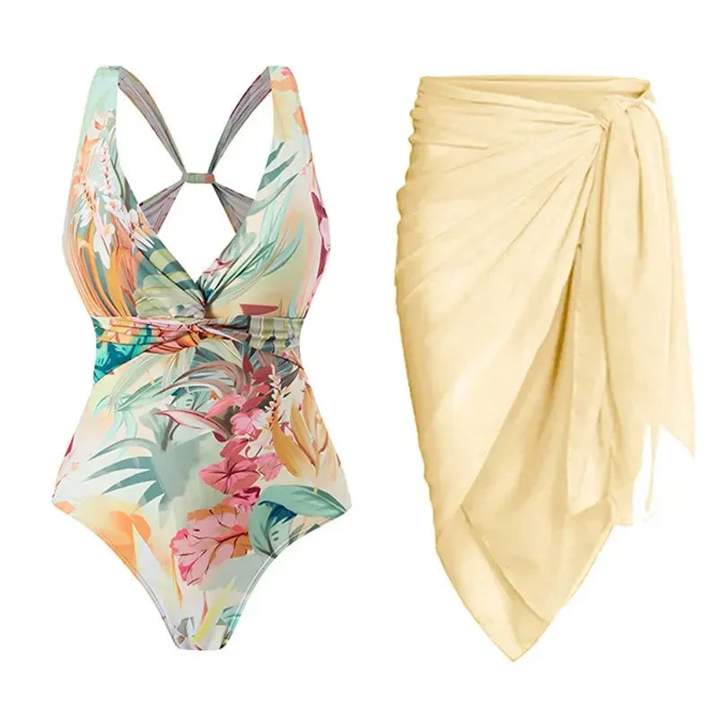 One-piece Bikini Set 2026 Women Floral Print V-neck Swimsuit Sexy High Waist Beach Skirt Bathing Suit Swimwear Summer Monokini