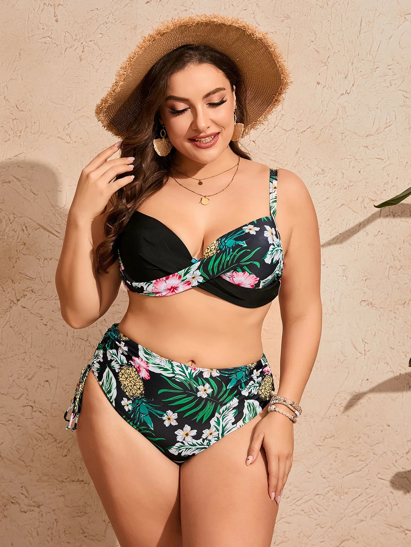 Plus Size Sexy Bikini Set High Waist Women's Swimsuit Two Piece Swimwear Sensual Polyester Fabric with Steel Support Pad