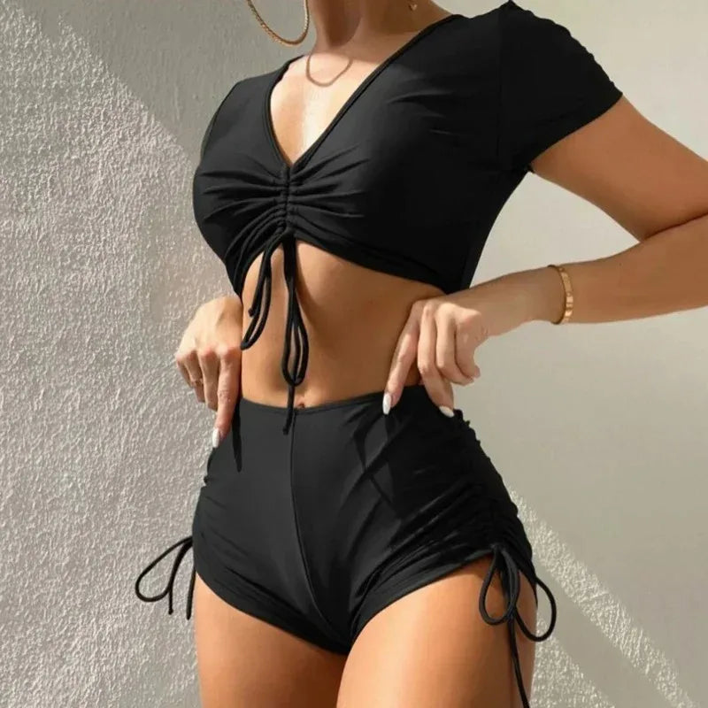 Swimwear Women Bikinis Two Pieces Set Casual Solid Short Sleeve Drawstring High Waist Bikini Sexy Swimsuit Vacation Beachwear