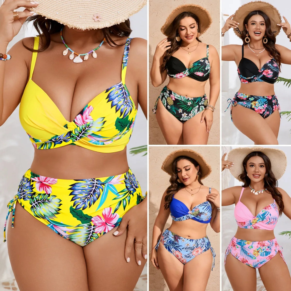 Plus Size Sexy Bikini Set High Waist Women's Swimsuit Two Piece Swimwear Sensual Polyester Fabric with Steel Support Pad