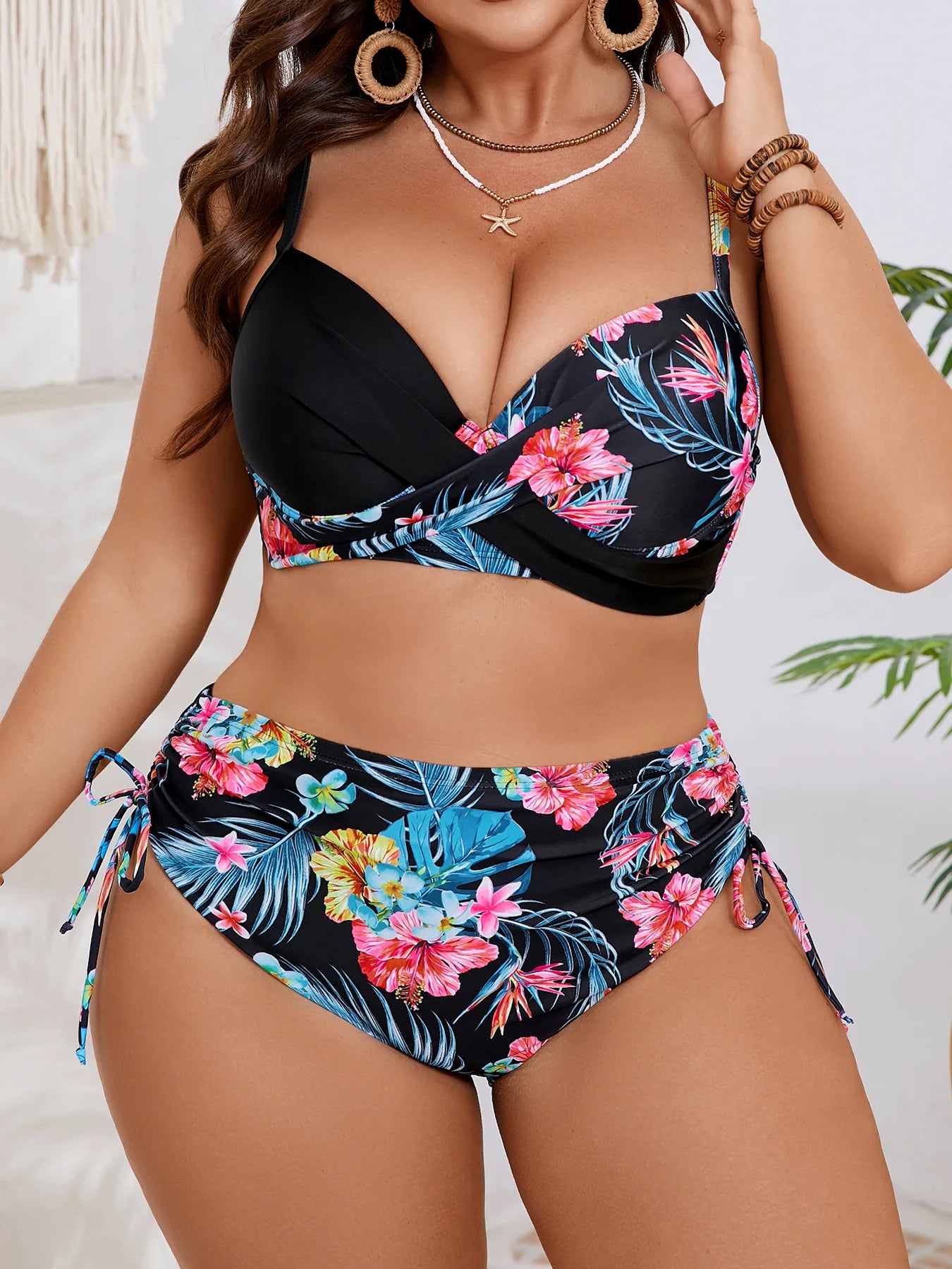 Plus Size Sexy Bikini Set High Waist Women's Swimsuit Two Piece Swimwear Sensual Polyester Fabric with Steel Support Pad