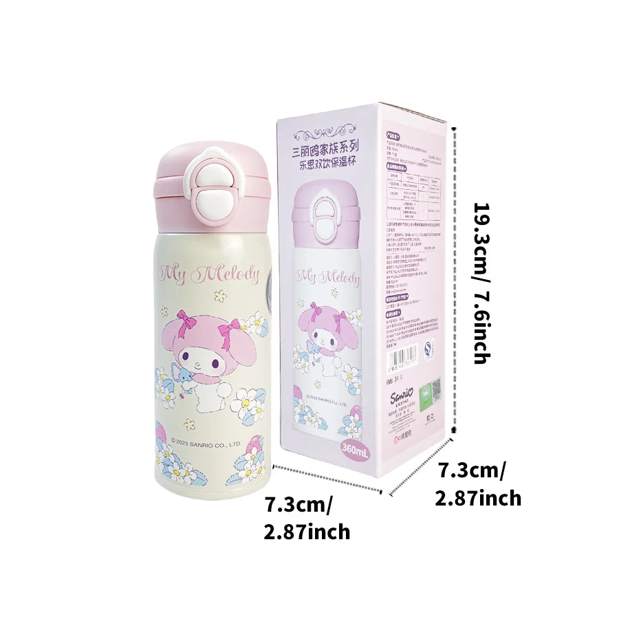Sanrio Insulated Water Bottle 360ml Thermos Cup 304 Material Stainless Steel Double Drinks Lid Vacuum Hot Cold Holiday Gift