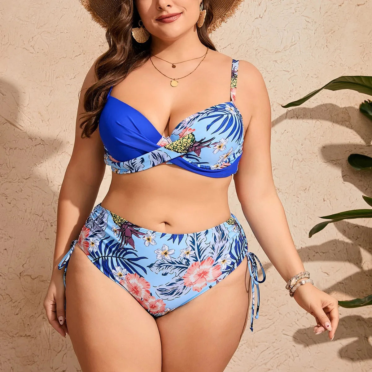 Plus Size Sexy Bikini Set High Waist Women's Swimsuit Two Piece Swimwear Sensual Polyester Fabric with Steel Support Pad