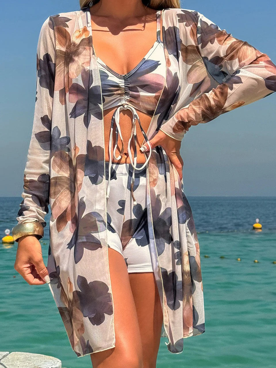 3 Pieces Tie Dye Bikinis Swimsuit 2026 New Women Drawstring Front Swimwear Female High Waist Shorts Bathers Swim Suit Beachwear