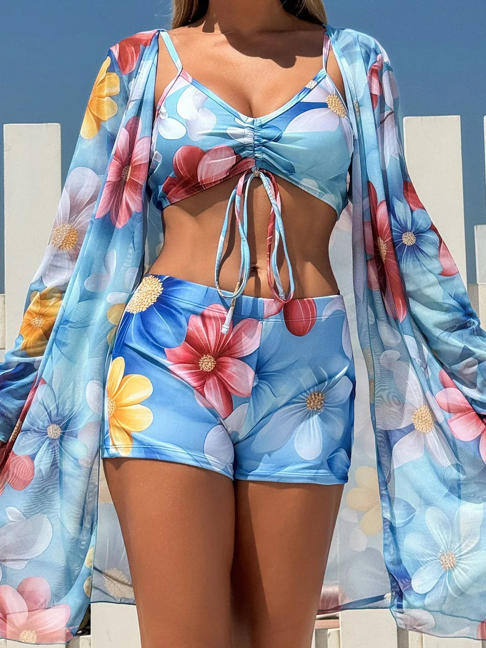 3 Pieces Tie Dye Bikinis Swimsuit 2026 New Women Drawstring Front Swimwear Female High Waist Shorts Bathers Swim Suit Beachwear