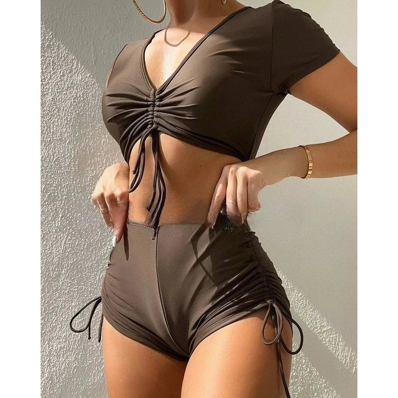 Swimwear Women Bikinis Two Pieces Set Casual Solid Short Sleeve Drawstring High Waist Bikini Sexy Swimsuit Vacation Beachwear