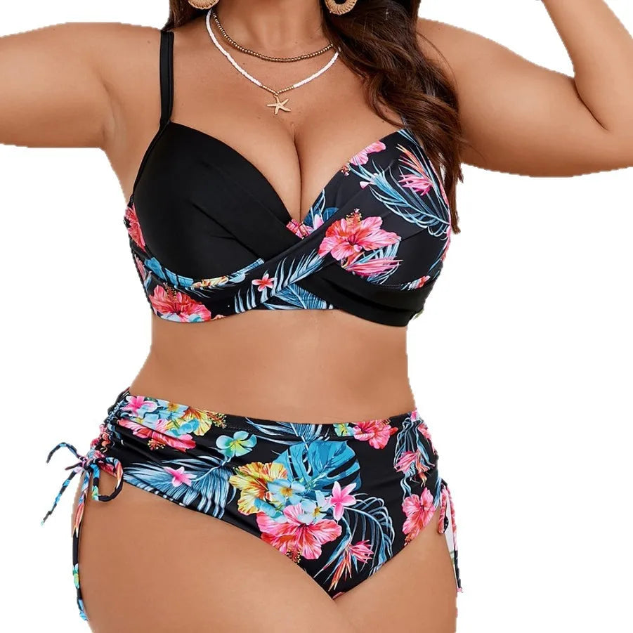 Plus Size Sexy Bikini Set High Waist Women's Swimsuit Two Piece Swimwear Sensual Polyester Fabric with Steel Support Pad
