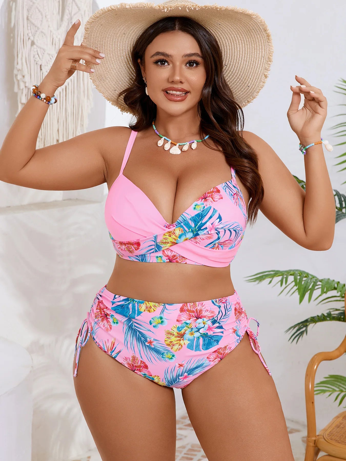 Plus Size Sexy Bikini Set High Waist Women's Swimsuit Two Piece Swimwear Sensual Polyester Fabric with Steel Support Pad