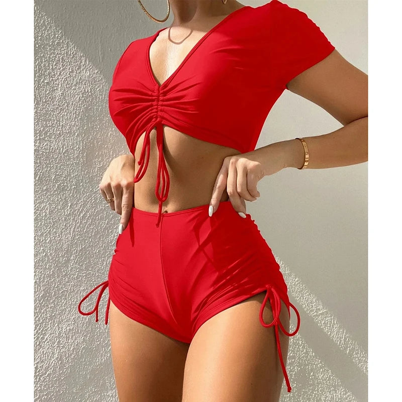 Swimwear Women Bikinis Two Pieces Set Casual Solid Short Sleeve Drawstring High Waist Bikini Sexy Swimsuit Vacation Beachwear
